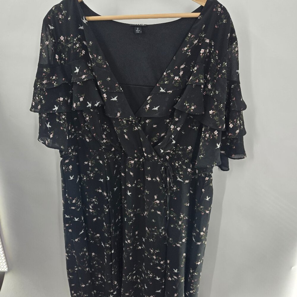 Torrid Black Floral Bird Chiffon V-Neck Short Sleeved Midi Dress Size 2/2X